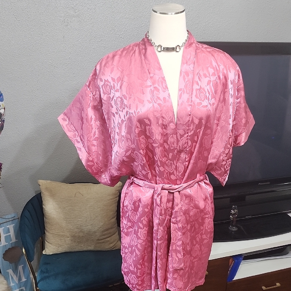 Elegant Dusty Rose Floral Kimono Robe O/S Belted 32" Long (Sm-Large Size)